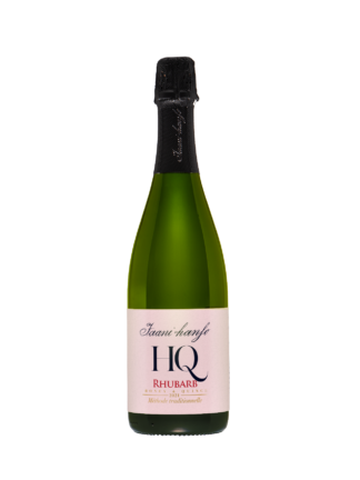 Bottle of champagne method HQ brut sparkling wine with rhubarb